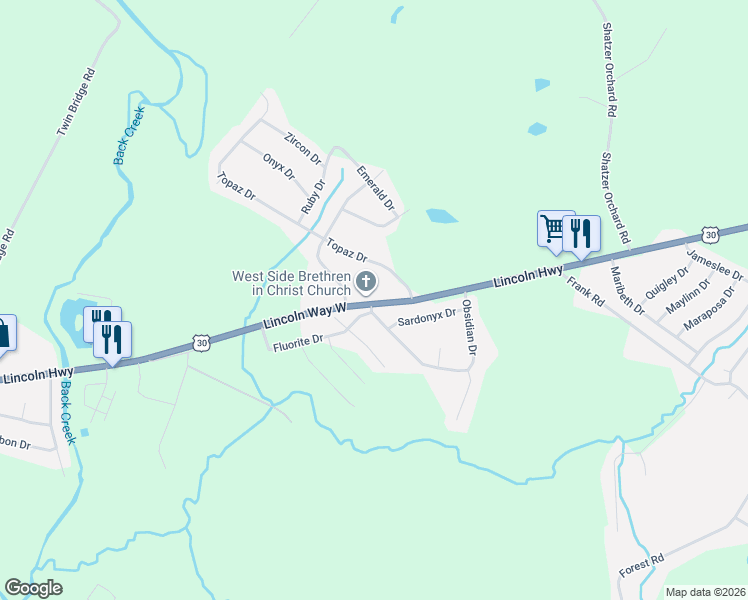 map of restaurants, bars, coffee shops, grocery stores, and more near 2665 Lincoln Way West in Chambersburg