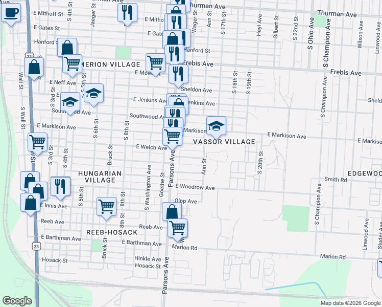 map of restaurants, bars, coffee shops, grocery stores, and more near 473 East Welch Avenue in Columbus