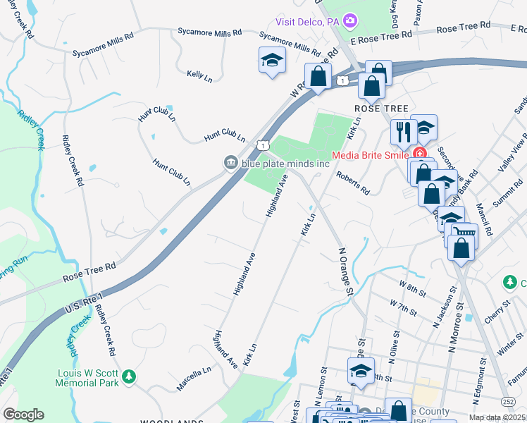 map of restaurants, bars, coffee shops, grocery stores, and more near 265 Highland Avenue in Media