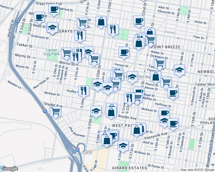 map of restaurants, bars, coffee shops, grocery stores, and more near 1824 South 24th Street in Philadelphia