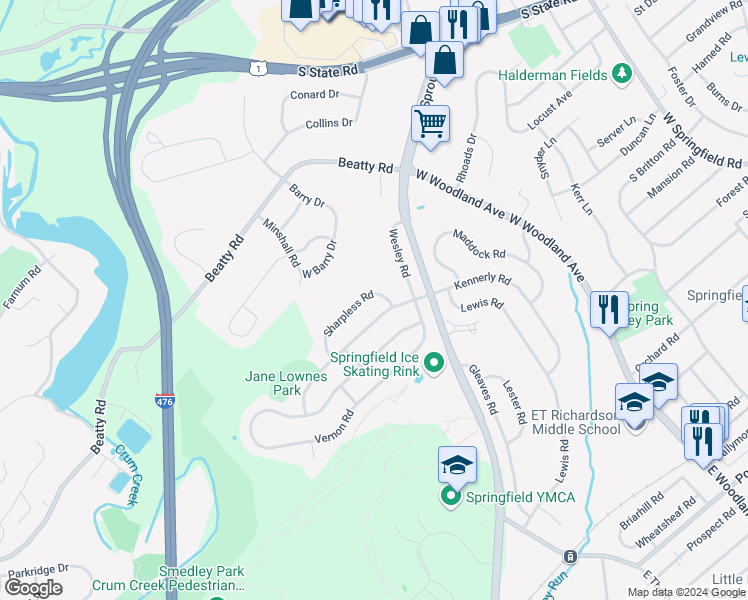 map of restaurants, bars, coffee shops, grocery stores, and more near 510 Sharpless Road in Springfield