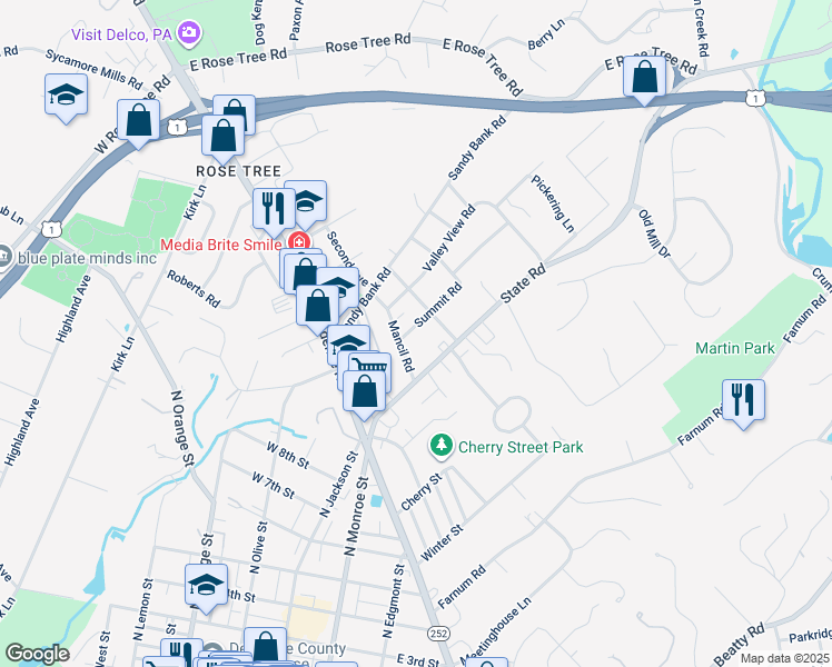 map of restaurants, bars, coffee shops, grocery stores, and more near 111 Summit Road in Media
