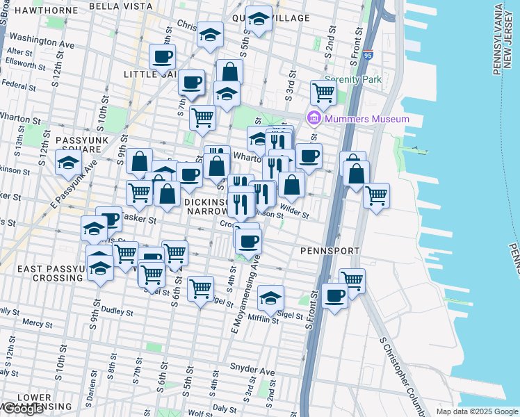 map of restaurants, bars, coffee shops, grocery stores, and more near 321 Dickinson Street in Philadelphia