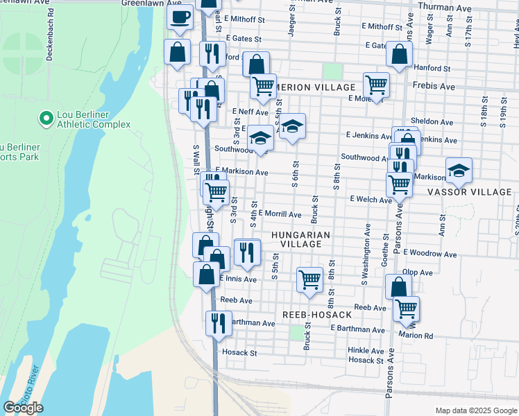 map of restaurants, bars, coffee shops, grocery stores, and more near 1598 South 4th Street in Columbus