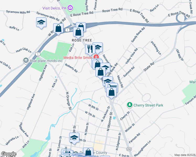 map of restaurants, bars, coffee shops, grocery stores, and more near 107 Oakview Drive in Media