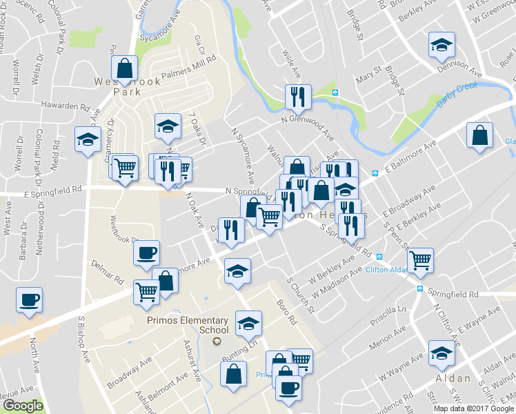 map of restaurants, bars, coffee shops, grocery stores, and more near 56 North Sycamore Avenue in Clifton Heights