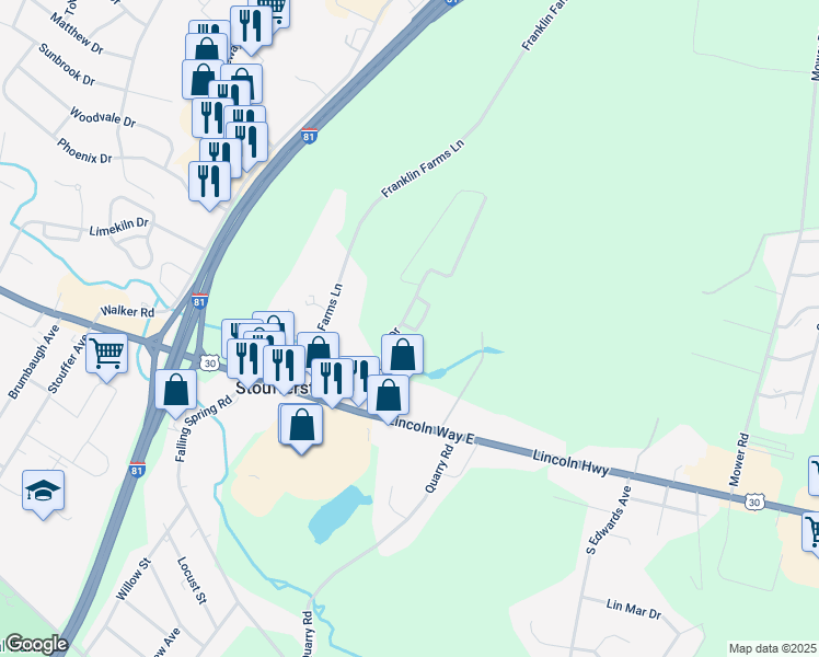 map of restaurants, bars, coffee shops, grocery stores, and more near 1017 Willowbrook Court in Chambersburg