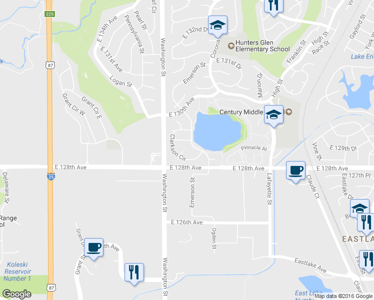 map of restaurants, bars, coffee shops, grocery stores, and more near 12846 Clarkson Court in Thornton