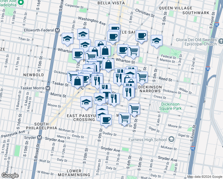 map of restaurants, bars, coffee shops, grocery stores, and more near 832 Cross Street in Philadelphia