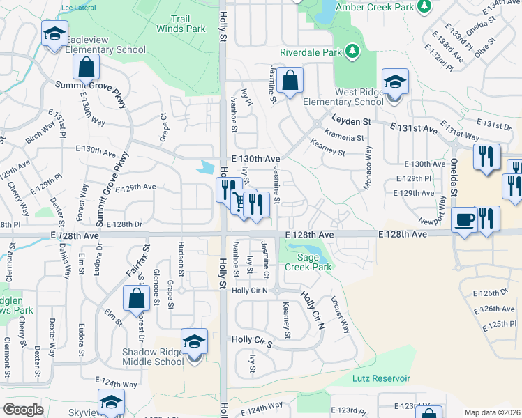 map of restaurants, bars, coffee shops, grocery stores, and more near 12840 Jersey Court in Thornton