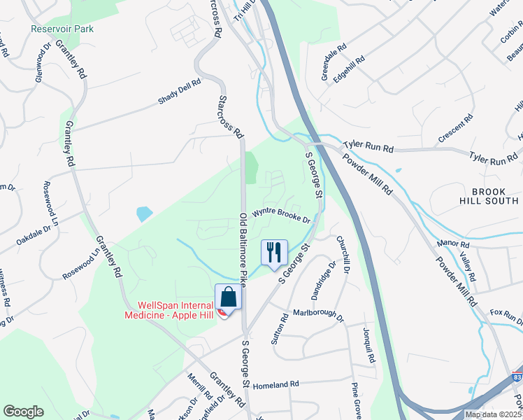 map of restaurants, bars, coffee shops, grocery stores, and more near 215 Wyntre Brooke Drive in York