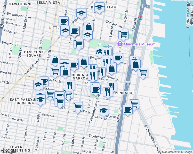 map of restaurants, bars, coffee shops, grocery stores, and more near 1429 South 4th Street in Philadelphia