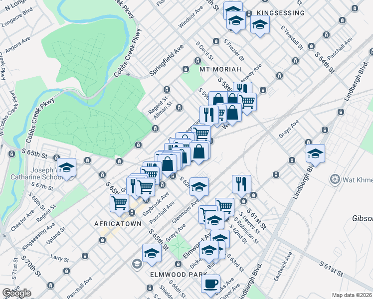 map of restaurants, bars, coffee shops, grocery stores, and more near 2116 South Edgewood Street in Philadelphia