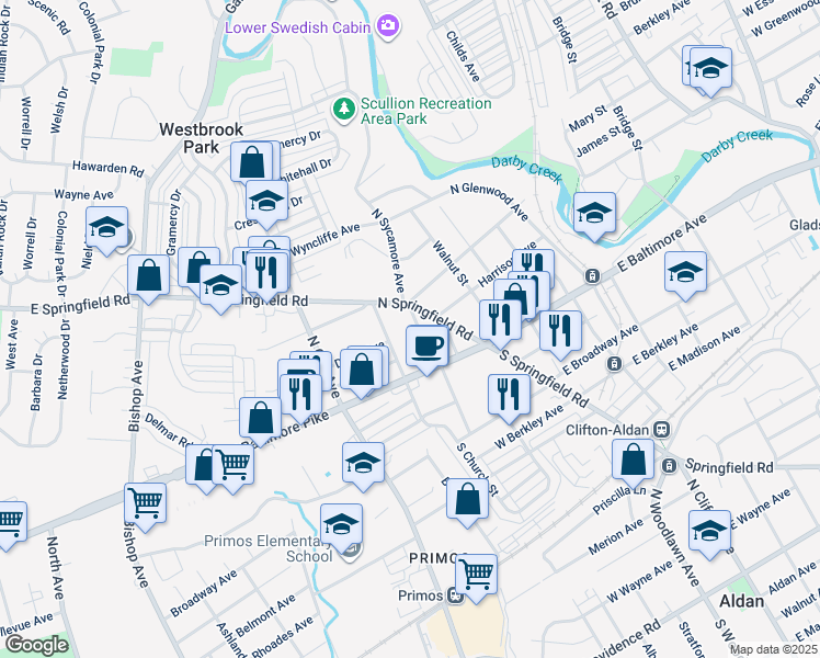 map of restaurants, bars, coffee shops, grocery stores, and more near 56 North Sycamore Avenue in Clifton Heights