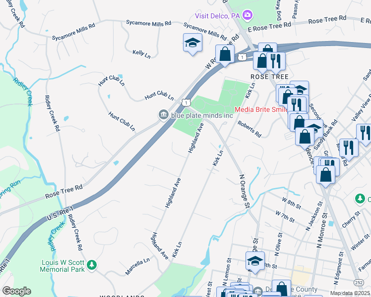 map of restaurants, bars, coffee shops, grocery stores, and more near 265 Highland Avenue in Media