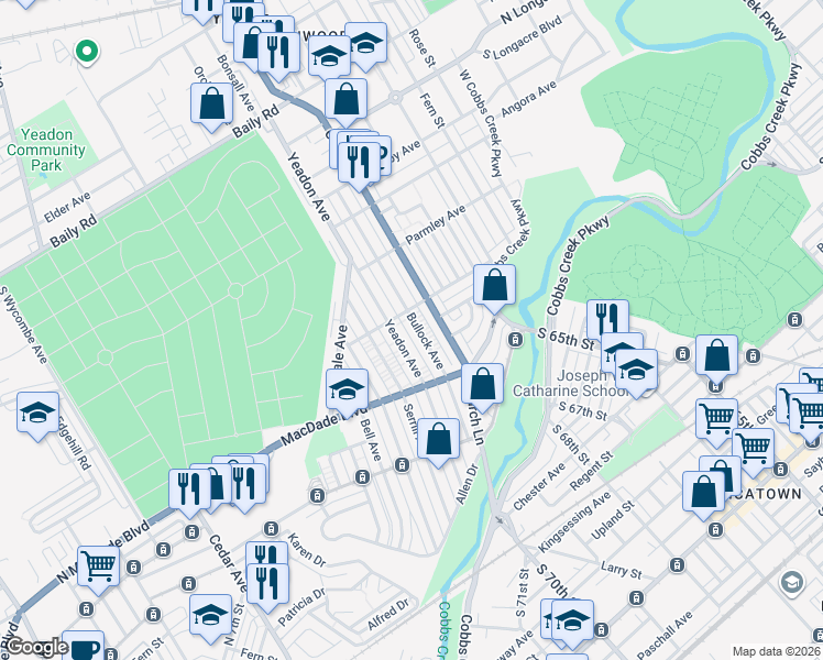 map of restaurants, bars, coffee shops, grocery stores, and more near 904 Bullock Avenue in Yeadon