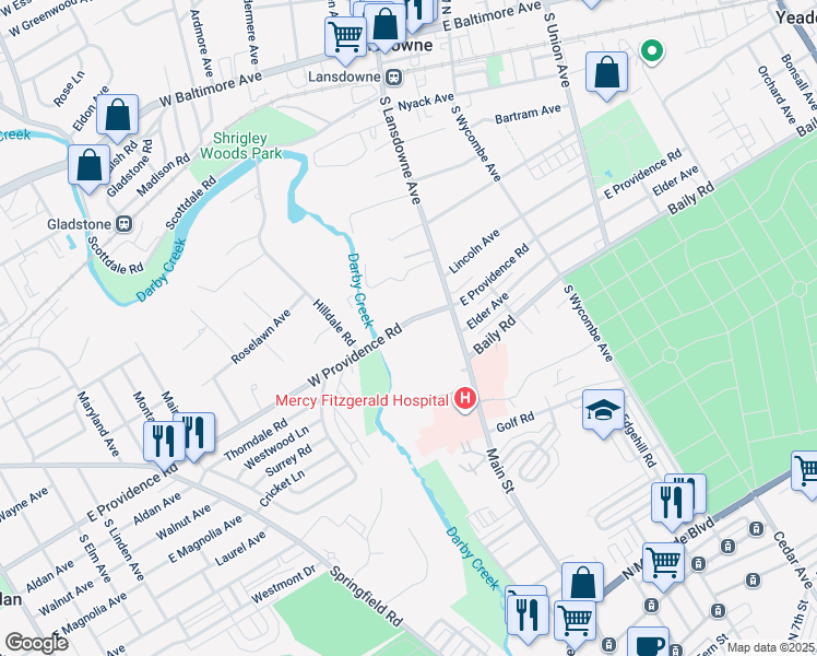 map of restaurants, bars, coffee shops, grocery stores, and more near 16 West Providence Road in Yeadon