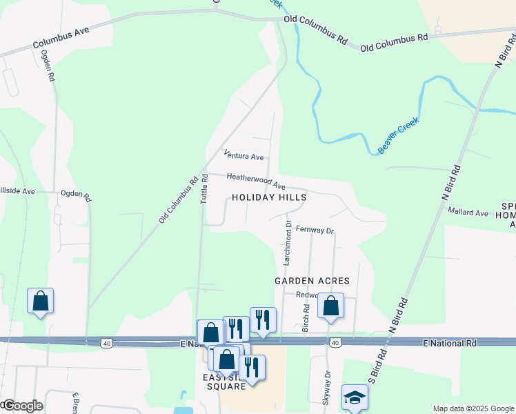 map of restaurants, bars, coffee shops, grocery stores, and more near 665 Suncrest Drive in Springfield