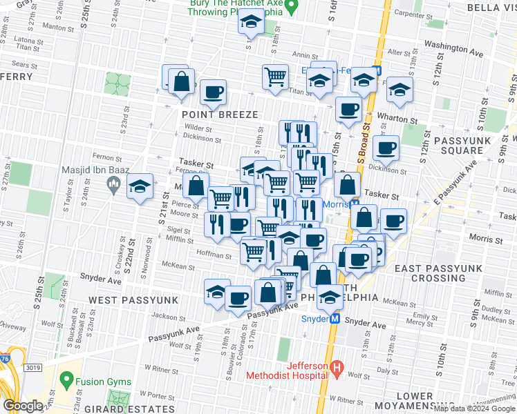 map of restaurants, bars, coffee shops, grocery stores, and more near 1733 Watkins Street in Philadelphia