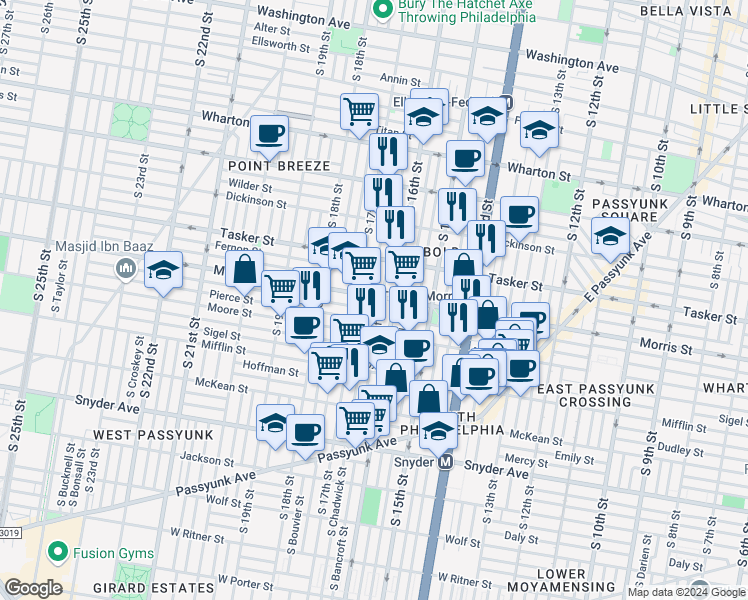 map of restaurants, bars, coffee shops, grocery stores, and more near 1703 South Chadwick Street in Philadelphia