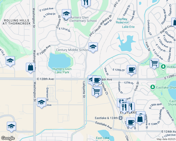 map of restaurants, bars, coffee shops, grocery stores, and more near 1445 East 128th Court in Thornton