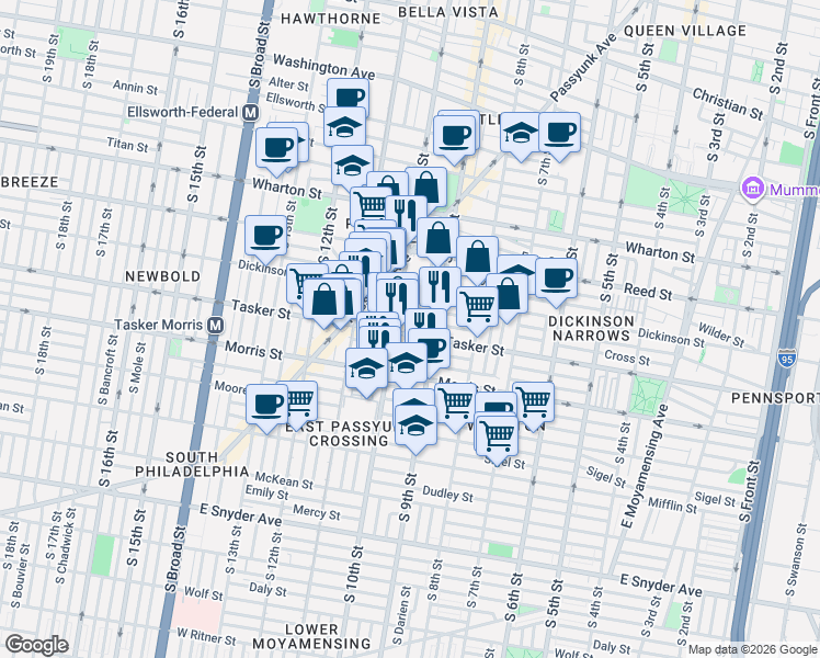 map of restaurants, bars, coffee shops, grocery stores, and more near 911 Cross Street in Philadelphia