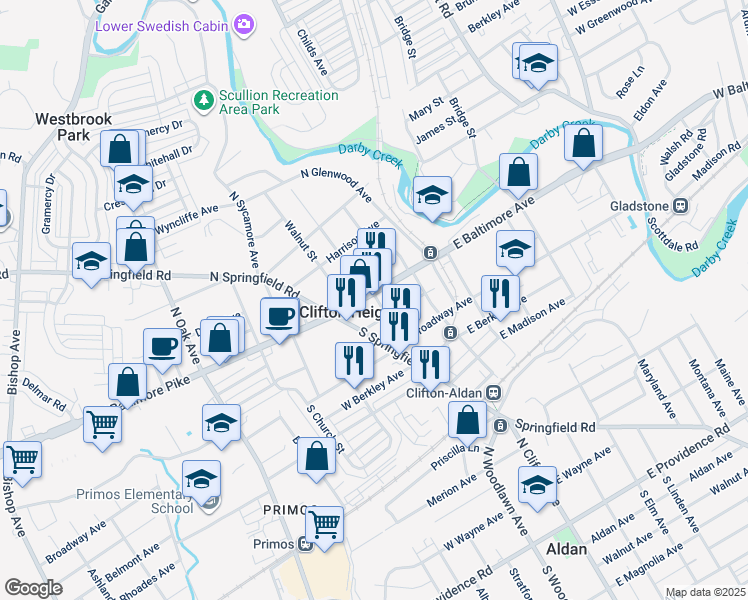 map of restaurants, bars, coffee shops, grocery stores, and more near 58 East Baltimore Avenue in Clifton Heights