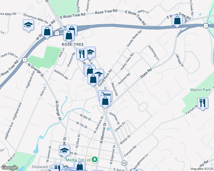 map of restaurants, bars, coffee shops, grocery stores, and more near 69 Greenhill Road in Media