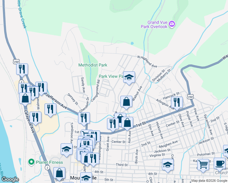 map of restaurants, bars, coffee shops, grocery stores, and more near Campground Rd in Moundsville