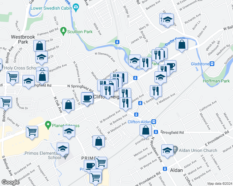 map of restaurants, bars, coffee shops, grocery stores, and more near 58 East Baltimore Avenue in Clifton Heights