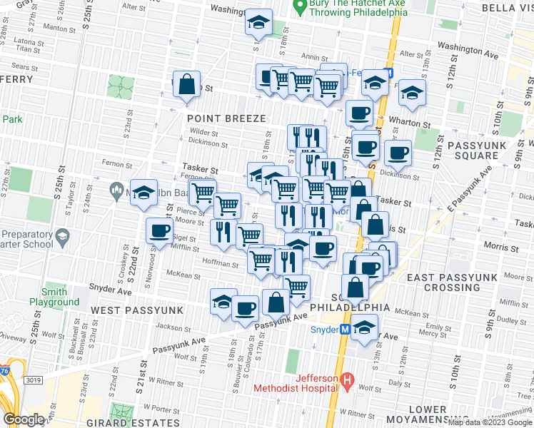 map of restaurants, bars, coffee shops, grocery stores, and more near 1731 Watkins Street in Philadelphia