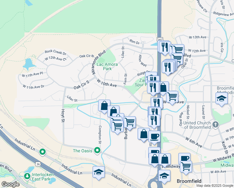 map of restaurants, bars, coffee shops, grocery stores, and more near 2140 West 10th Avenue in Broomfield