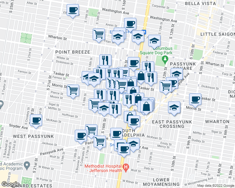 map of restaurants, bars, coffee shops, grocery stores, and more near 1513 Morris Street in Philadelphia
