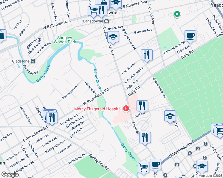 map of restaurants, bars, coffee shops, grocery stores, and more near 14 West Providence Road in Yeadon
