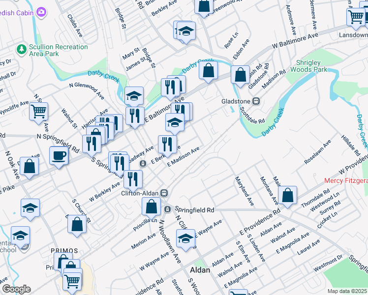 map of restaurants, bars, coffee shops, grocery stores, and more near 312 East Berkley Avenue in Clifton Heights