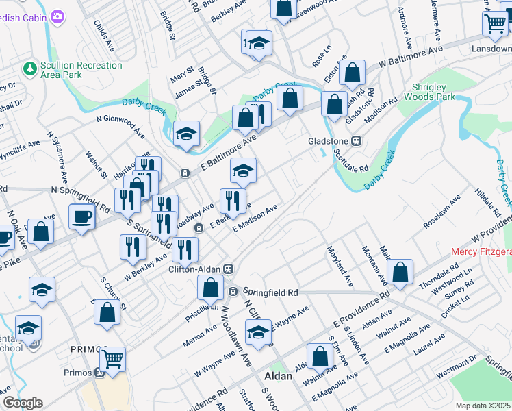 map of restaurants, bars, coffee shops, grocery stores, and more near 312 East Berkley Avenue in Clifton Heights