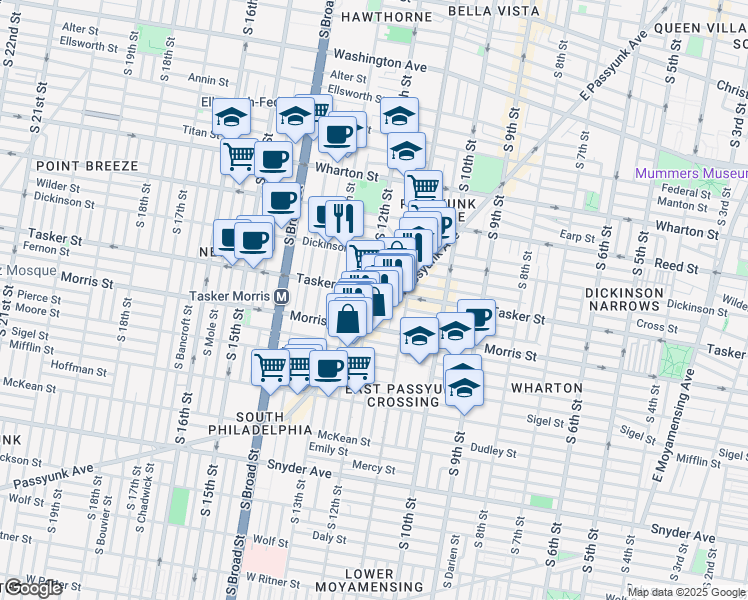 map of restaurants, bars, coffee shops, grocery stores, and more near 1603 South 12th Street in Philadelphia