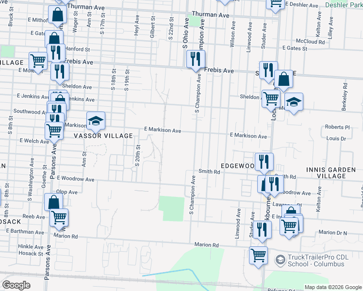 map of restaurants, bars, coffee shops, grocery stores, and more near 865 East Markison Avenue in Columbus
