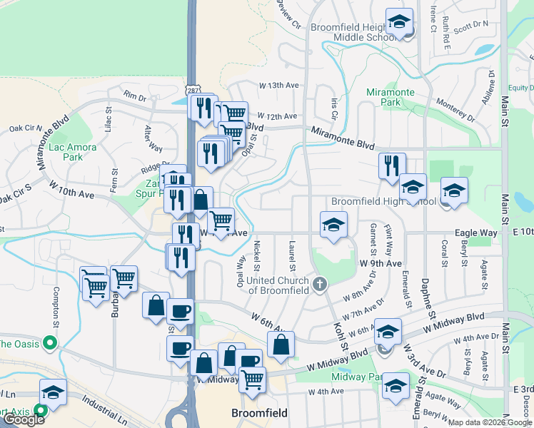 map of restaurants, bars, coffee shops, grocery stores, and more near 1325 Foxtail Drive in Broomfield
