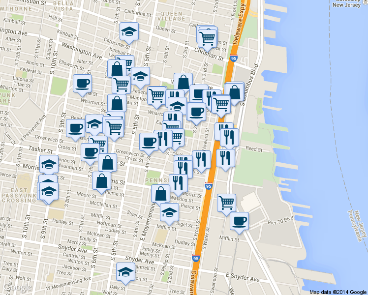 map of restaurants, bars, coffee shops, grocery stores, and more near 1409 South Philip Street in Philadelphia