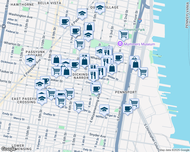 map of restaurants, bars, coffee shops, grocery stores, and more near 1429 South 4th Street in Philadelphia