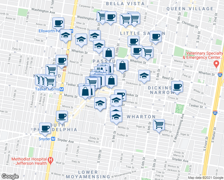 map of restaurants, bars, coffee shops, grocery stores, and more near in Philadelphia