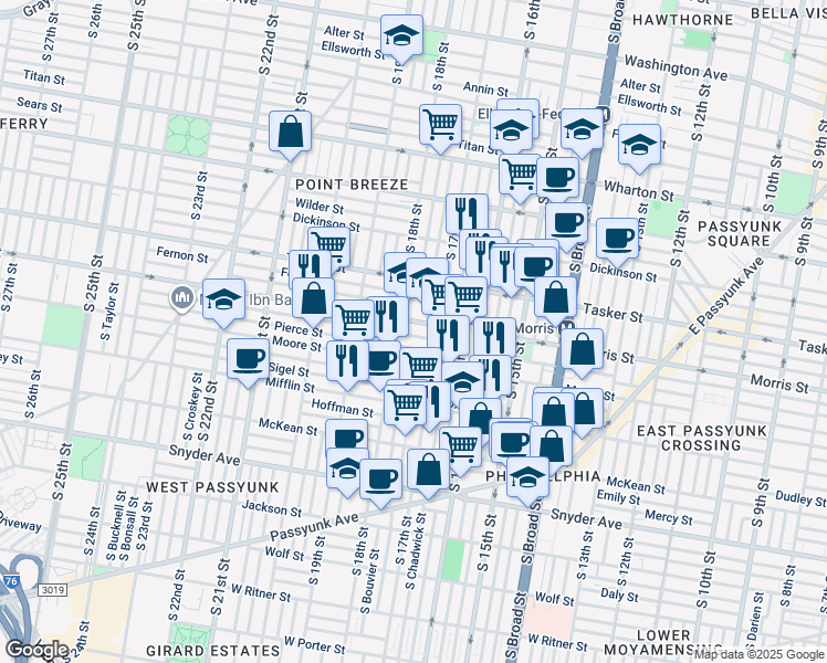 map of restaurants, bars, coffee shops, grocery stores, and more near 1733 Watkins Street in Philadelphia