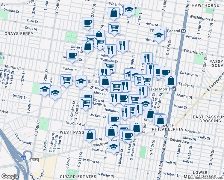 map of restaurants, bars, coffee shops, grocery stores, and more near 1911 Watkins Street in Philadelphia