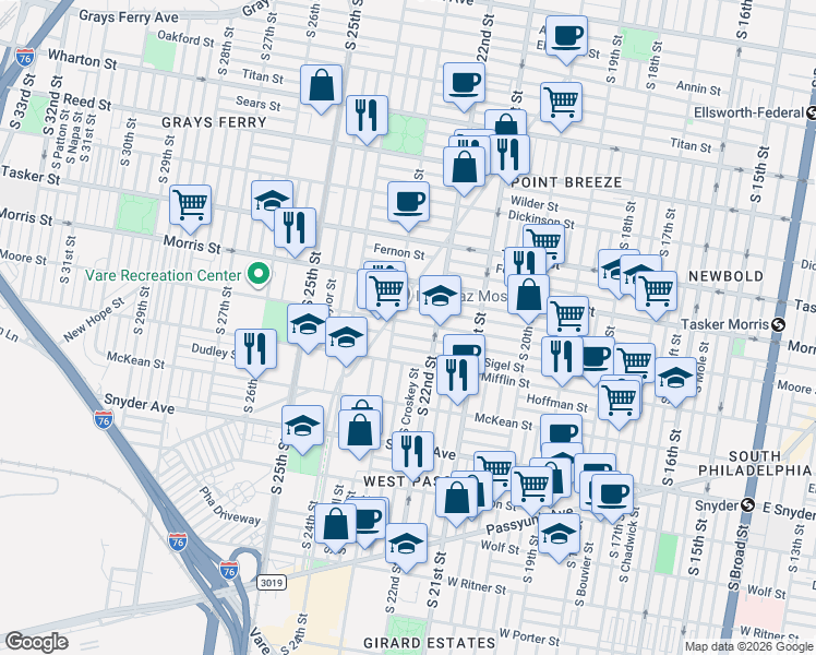 map of restaurants, bars, coffee shops, grocery stores, and more near 2235 Moore Street in Philadelphia