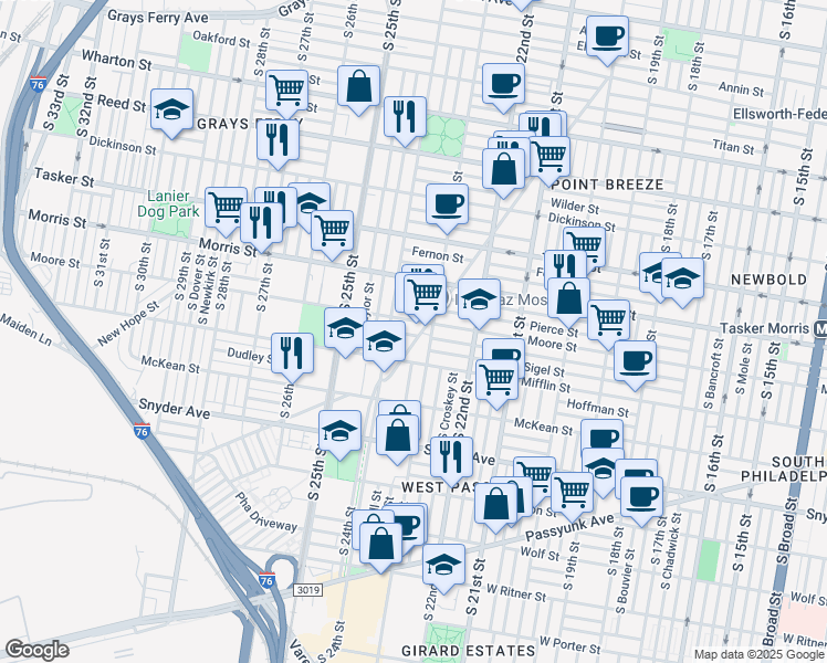 map of restaurants, bars, coffee shops, grocery stores, and more near 2328 Moore Street in Philadelphia