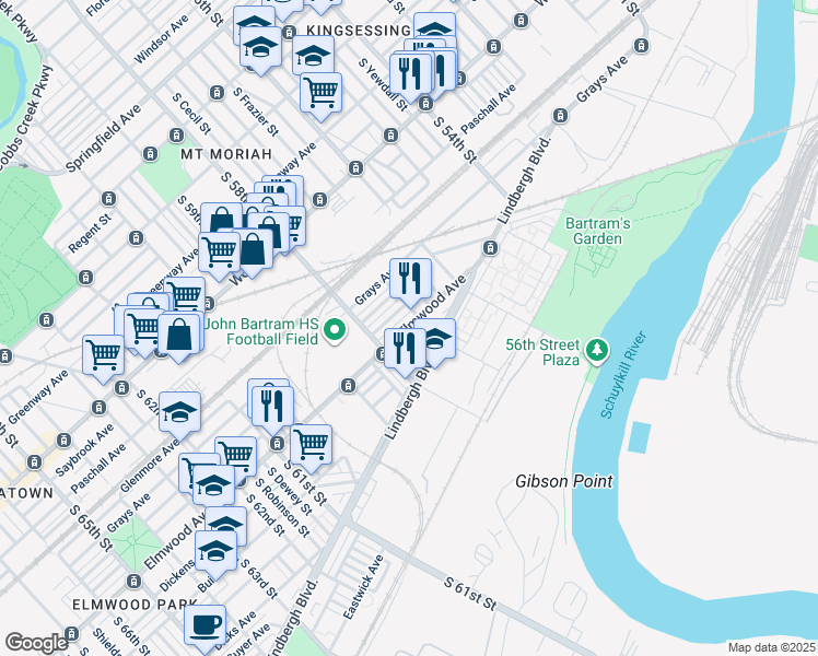 map of restaurants, bars, coffee shops, grocery stores, and more near 5660 Elmwood Avenue in Philadelphia