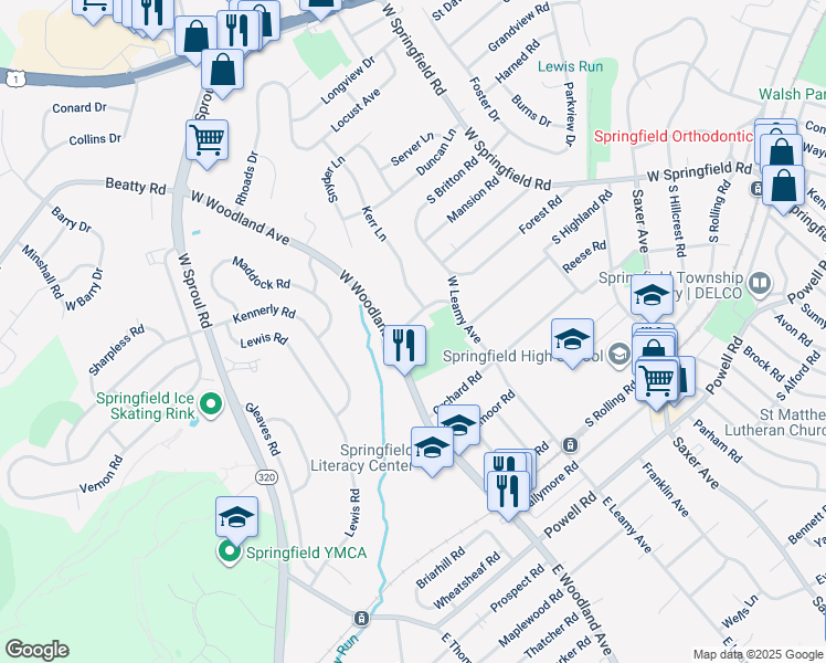 map of restaurants, bars, coffee shops, grocery stores, and more near 347 Spring Valley Road in Springfield