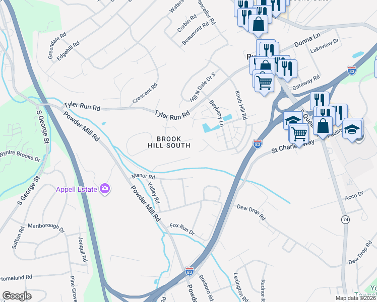 map of restaurants, bars, coffee shops, grocery stores, and more near 2156 South Brook Drive in York