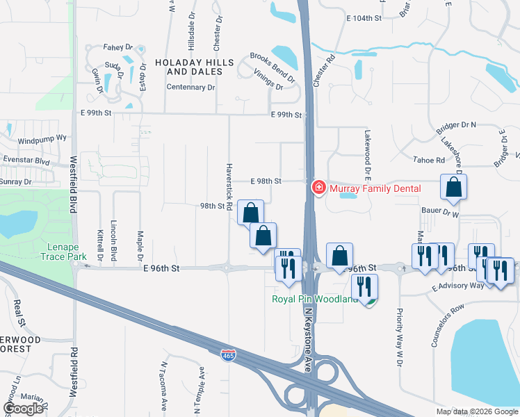 map of restaurants, bars, coffee shops, grocery stores, and more near 2542 Pleasant Way West in Indianapolis